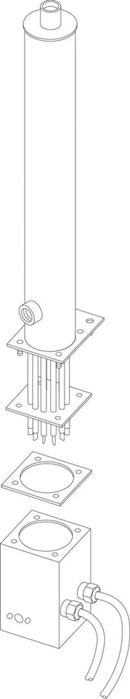 Ersatzteil für eine Bosch Elektroheizung, bestehend aus einem zylindrischen Heizelement mit Anschlussplatten und einem Verbindungselement für die Montage.